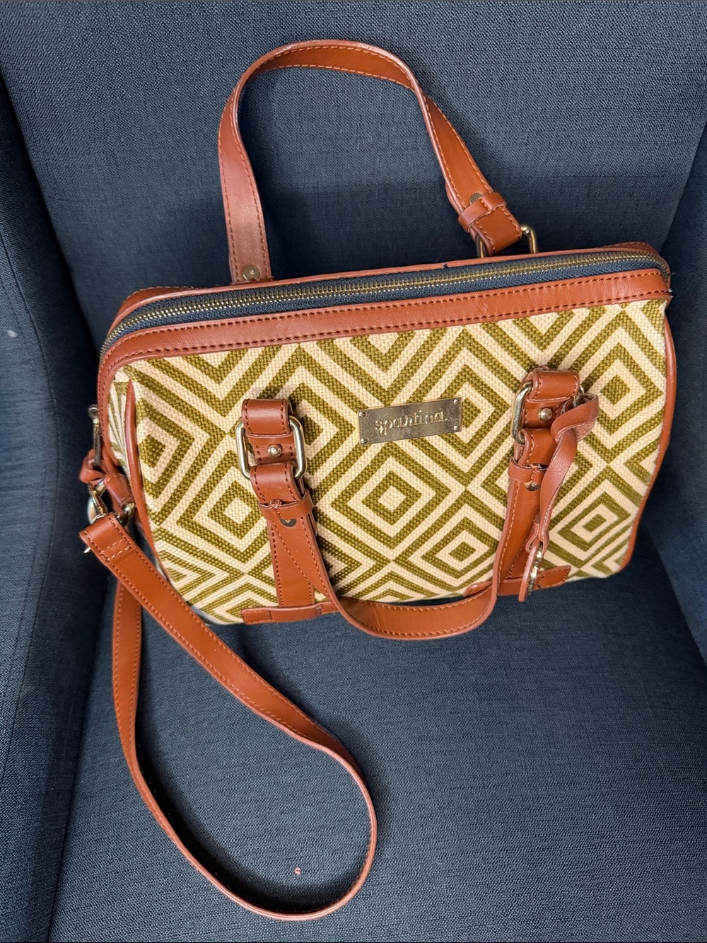Spartina 449 Olive Geometric Canvas Satchel with Brown Trim